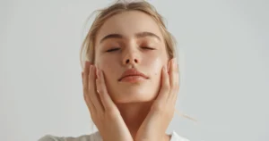 Young woman with clear, glowing skin, possibly post-Sculptra treatment, gently touching her cheeks with both hands in Edgewater, NJ.