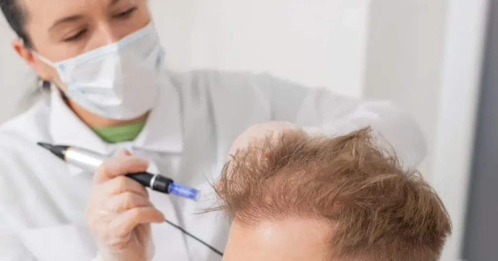 Exosome Hair Regeneration session for men's hair loss, focusing on reactivating dormant follicles.